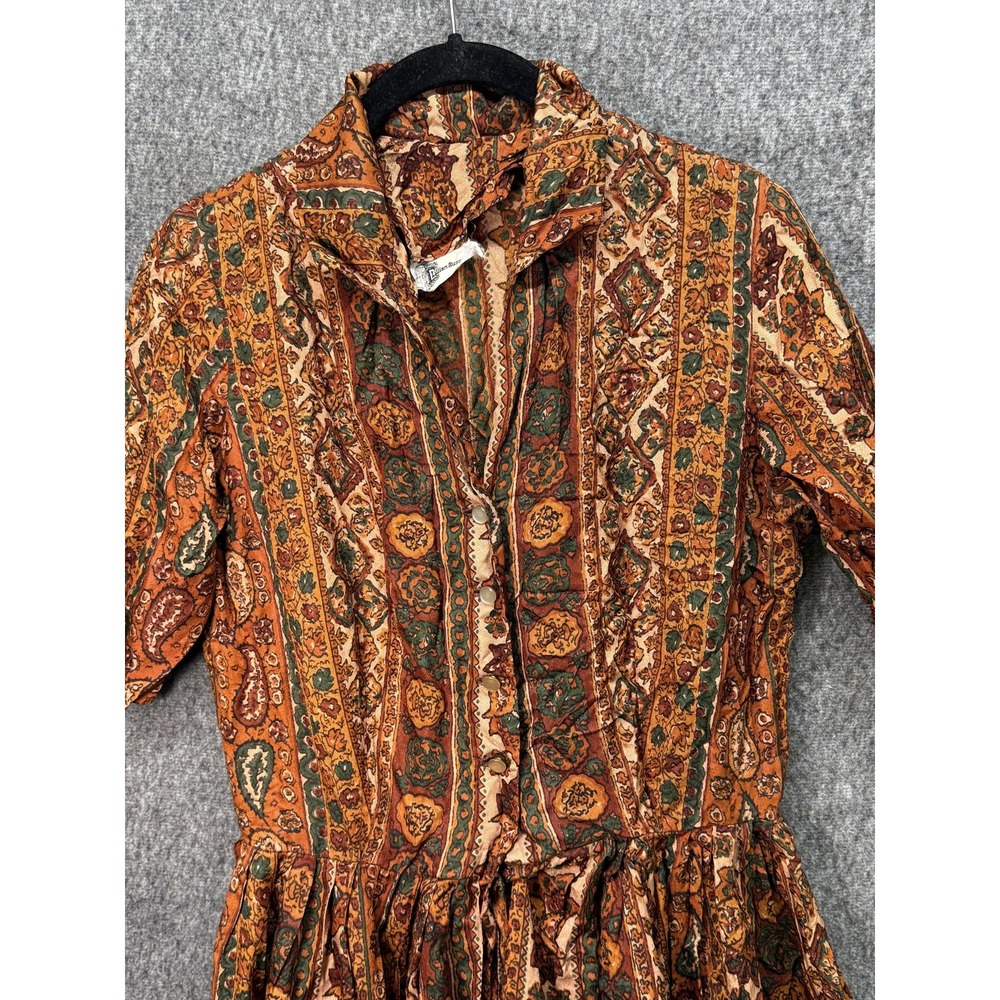 Boho‎ Paisley Dress Womens Medium Brown Orange Green Button Front Short Sleeve - Picture 3 of 12